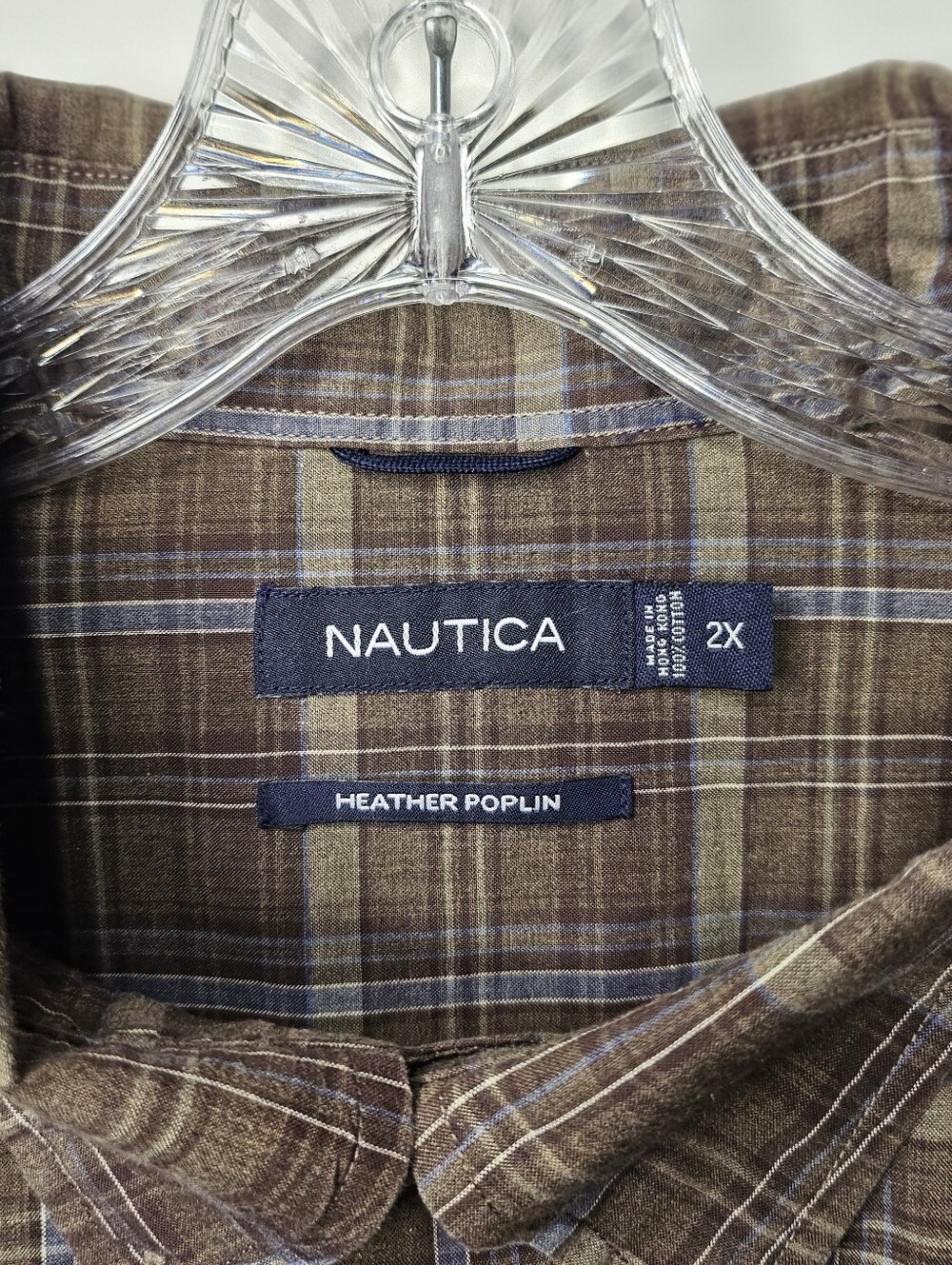 Nautica Cotton Poplin Plaid Button Down Shirt Brown Blue 2X Relaxed Fit Casual - Picture 10 of 14